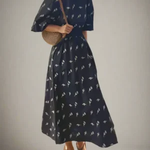 Floral Embroidered Puff Sleeve Long Dress – Casual Elegance