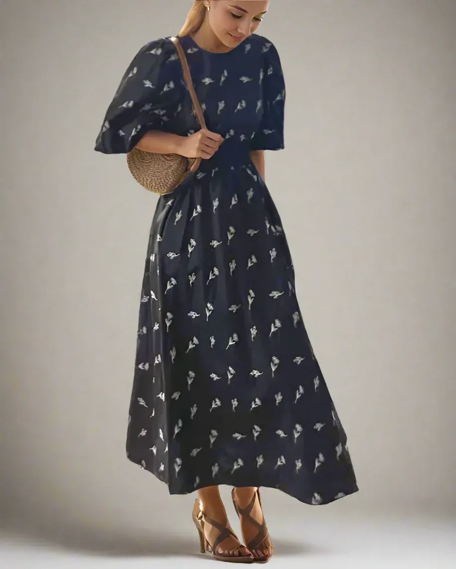 Floral Embroidered Puff Sleeve Long Dress – Casual Elegance