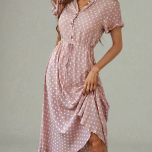 Polka Dot Print Casual Summer Shirt Midi Dress