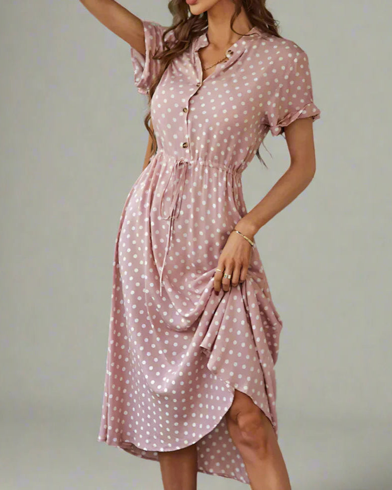 Polka Dot Print Casual Summer Shirt Midi Dress