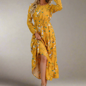 Product Features: Material: Soft chiffon blend (Cotton & Polyester) Neckline: Classic O-neck Sleeves: Long lantern sleeves with a romantic touch Fit: Regular with slight stretch for added comfort Waistline: Empire – cinches at the waist for a flattering fit Length: Ankle-length Closure: Hidden zipper for a seamless finish Design: Vibrant floral print with delicate ruffle accents Perfect for: Spring and summer days, casual outings, beach vacations, garden parties, or daytime events. Elegant Floral Print Maxi Dress Step into effortless elegance with our Floral Print Maxi Dress — a vibrant blend of casual charm and graceful style. Featuring a flattering empire waist and a flowy A-line silhouette, this ankle-length beauty is designed to move with you from sunny beach strolls to weekend brunches or garden parties.