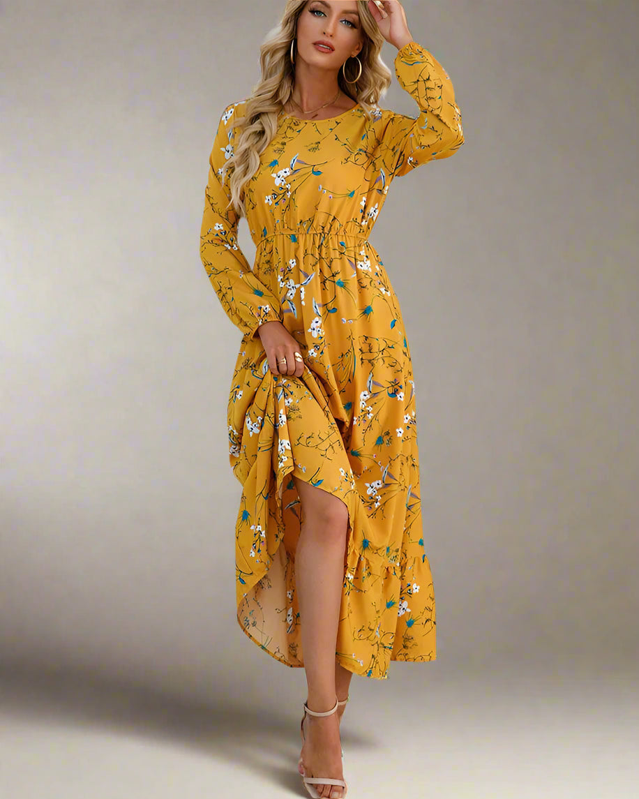 Product Features: Material: Soft chiffon blend (Cotton & Polyester) Neckline: Classic O-neck Sleeves: Long lantern sleeves with a romantic touch Fit: Regular with slight stretch for added comfort Waistline: Empire – cinches at the waist for a flattering fit Length: Ankle-length Closure: Hidden zipper for a seamless finish Design: Vibrant floral print with delicate ruffle accents Perfect for: Spring and summer days, casual outings, beach vacations, garden parties, or daytime events. Elegant Floral Print Maxi Dress Step into effortless elegance with our Floral Print Maxi Dress — a vibrant blend of casual charm and graceful style. Featuring a flattering empire waist and a flowy A-line silhouette, this ankle-length beauty is designed to move with you from sunny beach strolls to weekend brunches or garden parties.
