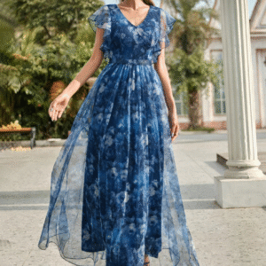 V-Neck Ruffled Lace Evening Gown – Ankle-Length Dress