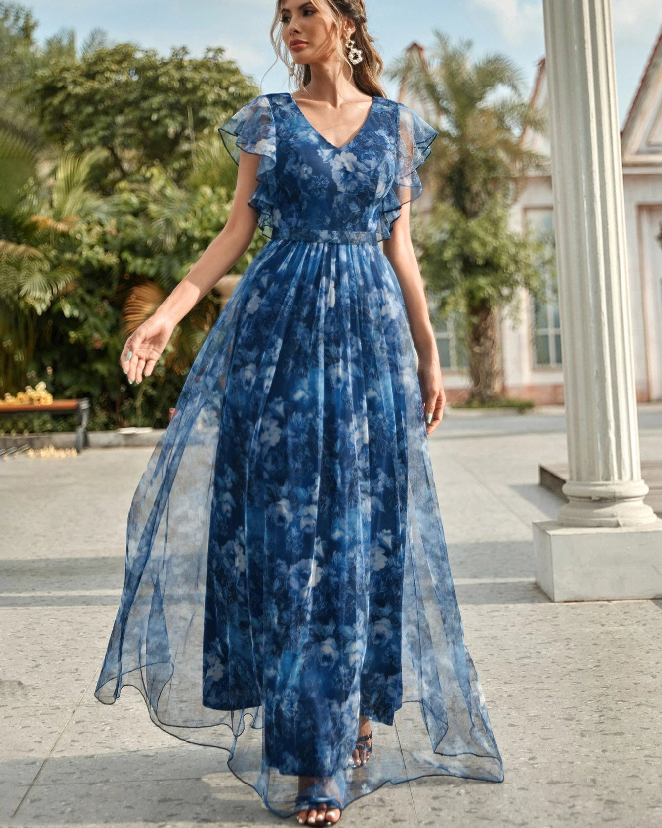 V-Neck Ruffled Lace Evening Gown – Ankle-Length Dress