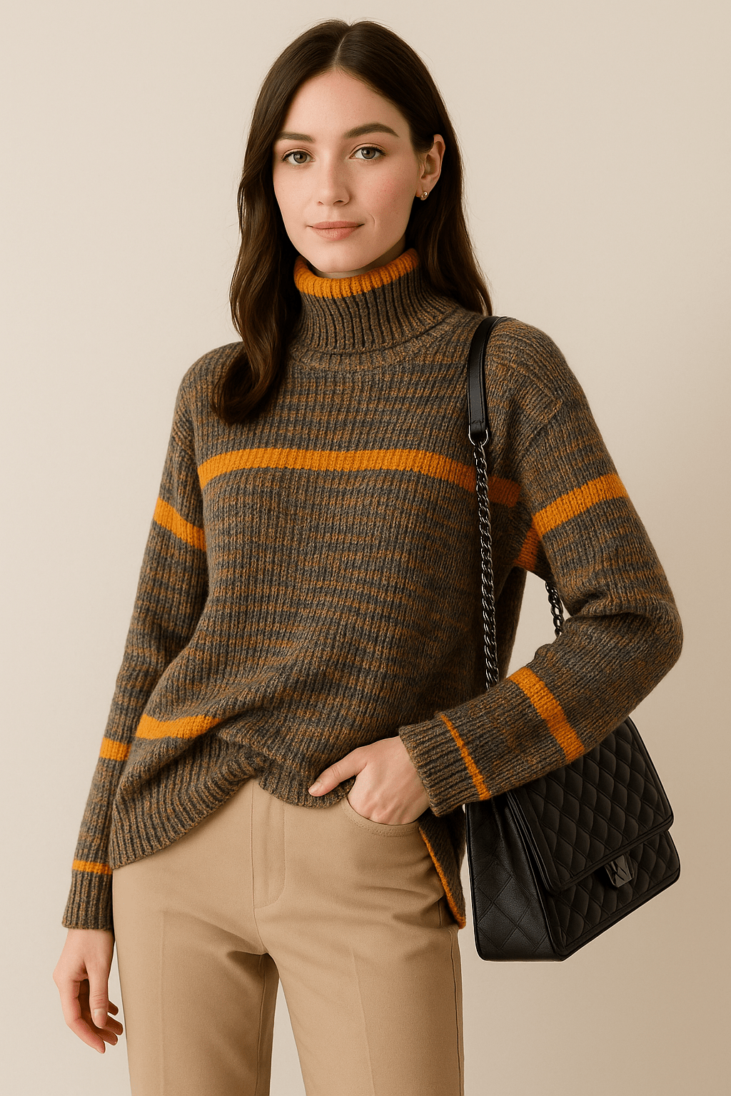 Keira – Women’s Knitted Oversized Turtleneck Jumper – Brown